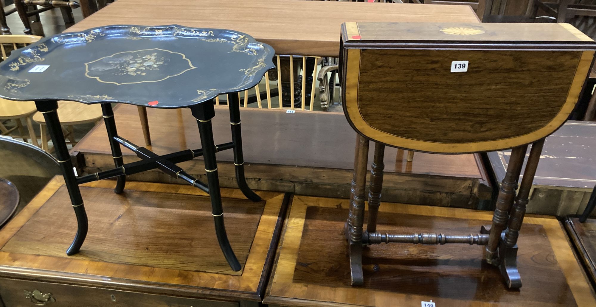 A small Victorian papier mache tray top table, width 64cm, depth 50cm, height 50cm together with an Edwardian inlaid Sutherland table